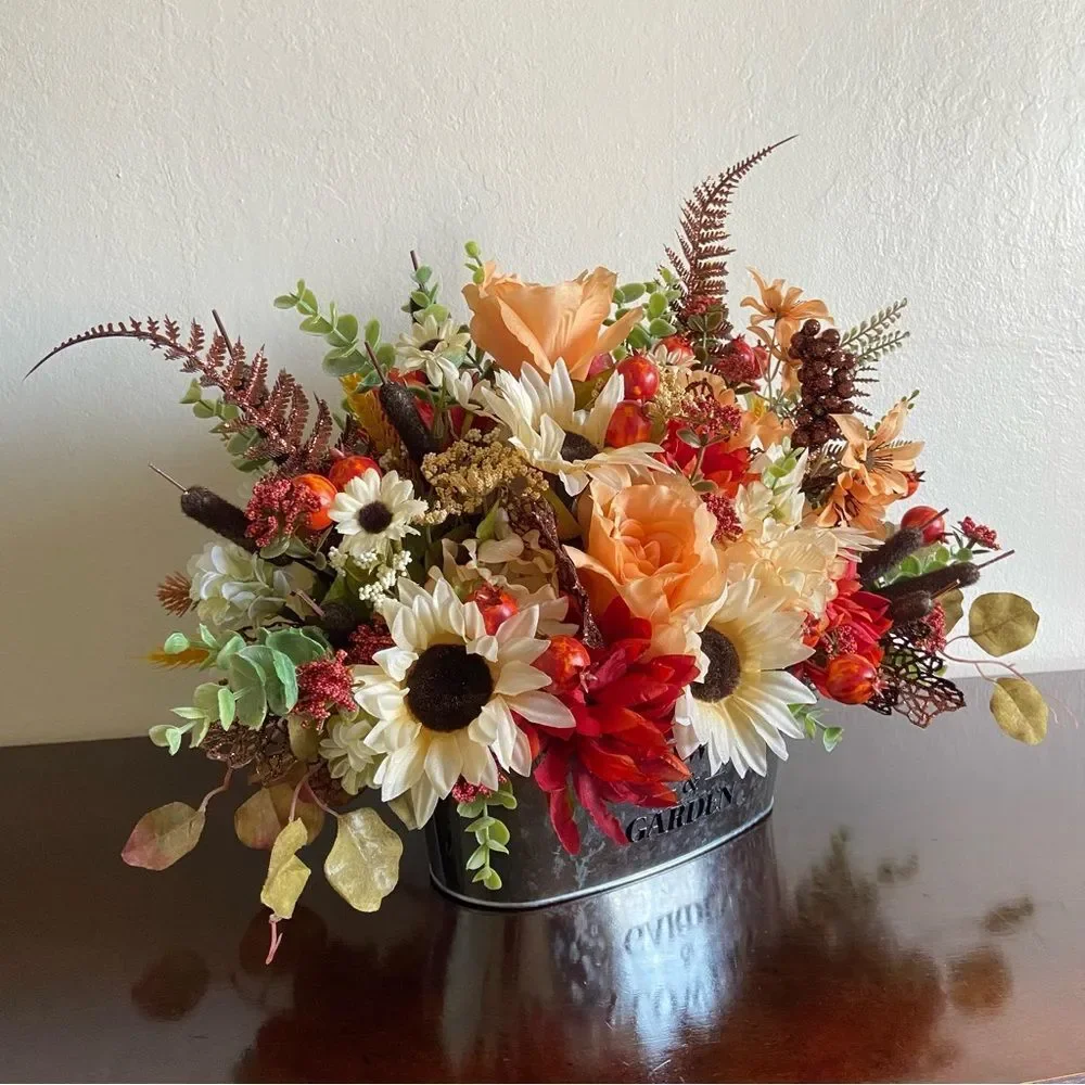 Faux Floral Bouquet With Peach Roses/Cream Sunflowers